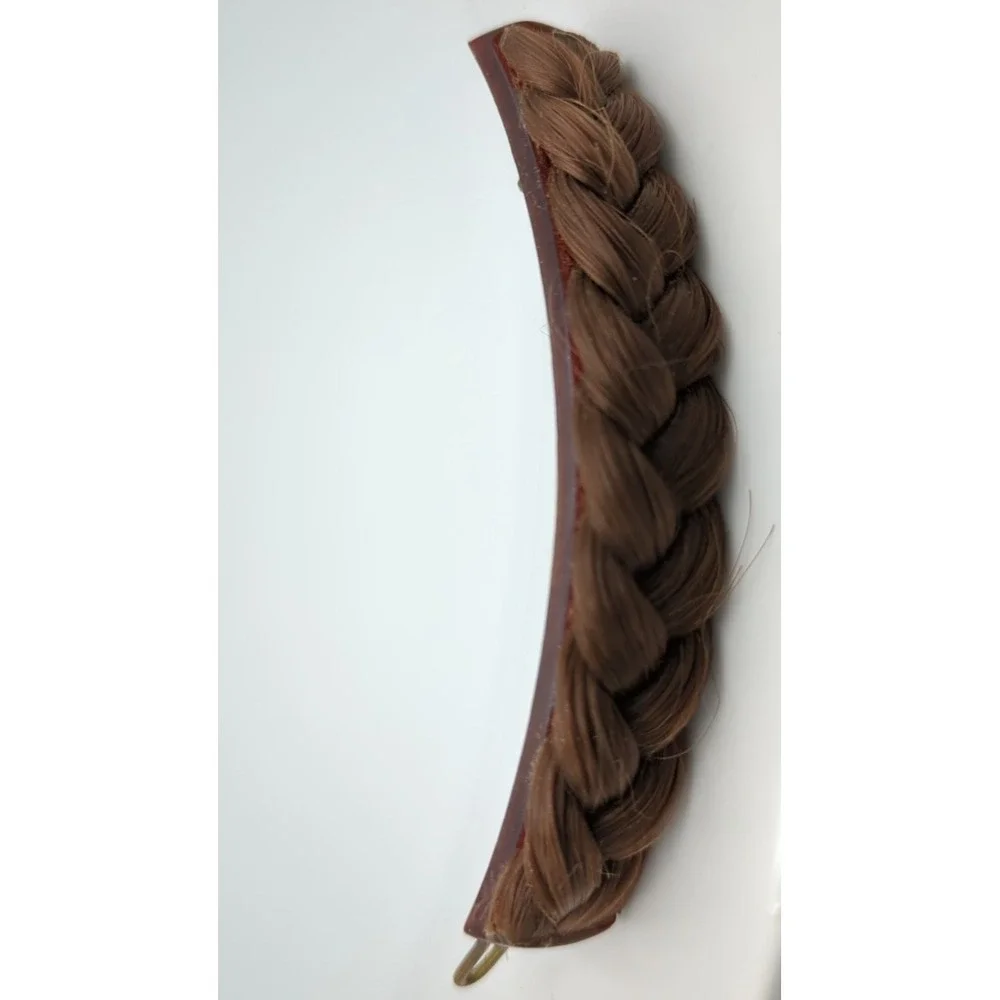 Vintage Metal & Celluloid Faux Hair Braid Barrette 3.5‎ in long Brunette Brown